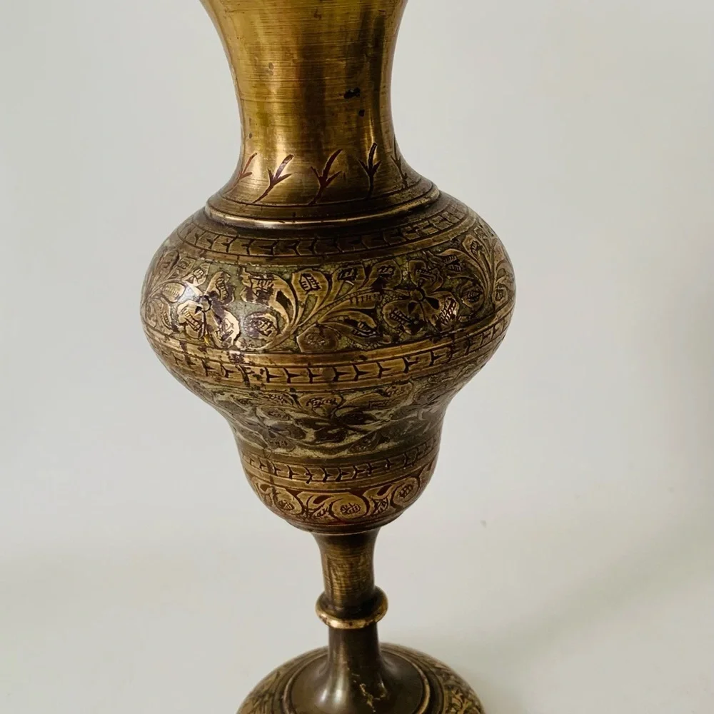 Vintage Indian Etched Florals Brass Fluted Vases Set Of 2 (7”)